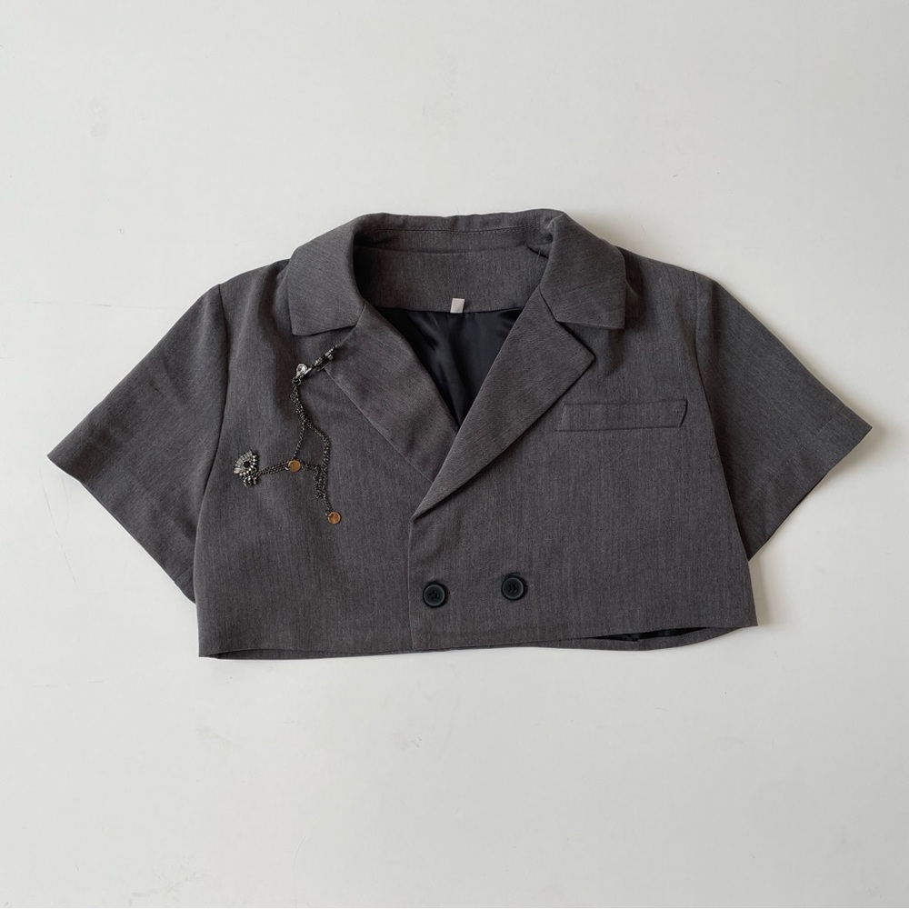 YesStyle Gray Crop Blazer Shirt Top with Jewel Embellishment, Size Small - Picture 2 of 11